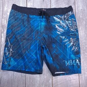 MMA Elite Board Shorts Mens Large Blue Graphic Print Swim Trunks Cross Wings